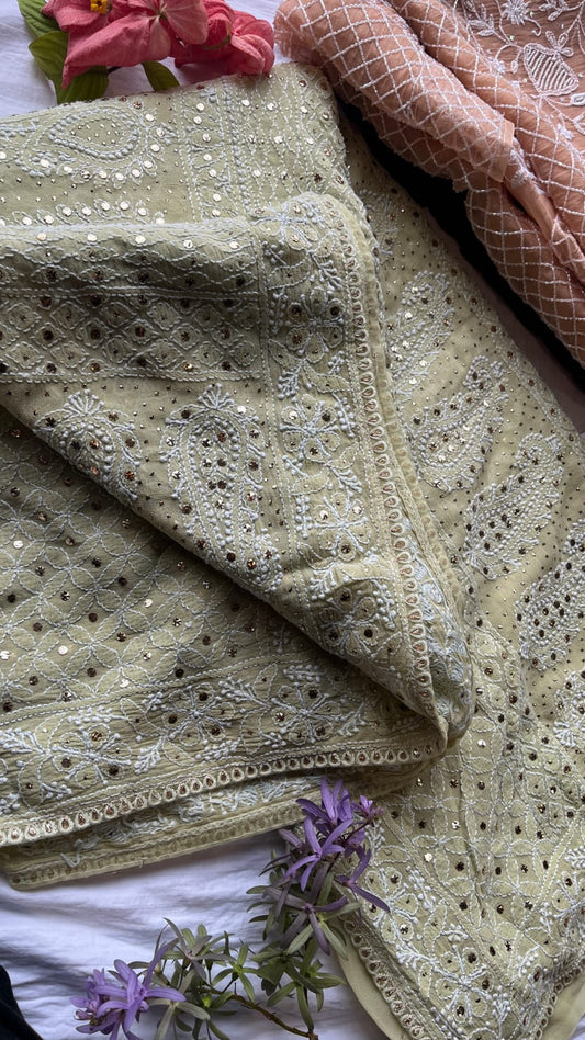 Sage Green Pure Georgette Chikan and Mukaish Saree