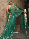 MANN MOHINI - Emerald Green Organza Mukaish Pearl Saree (The blouse shown is for styling purposes only)