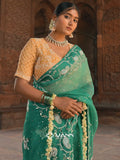 MANN MOHINI - Emerald Green Organza Mukaish Pearl Saree (The blouse shown is for styling purposes only)