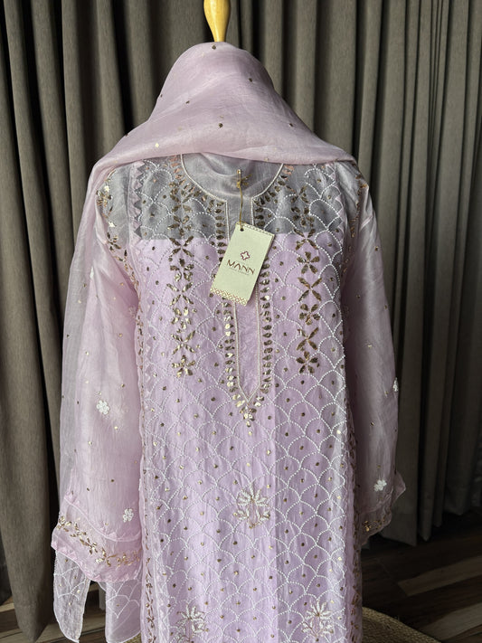 Organza Mukaish/Kamdani & Pearl Suit Set in Lilac Shade