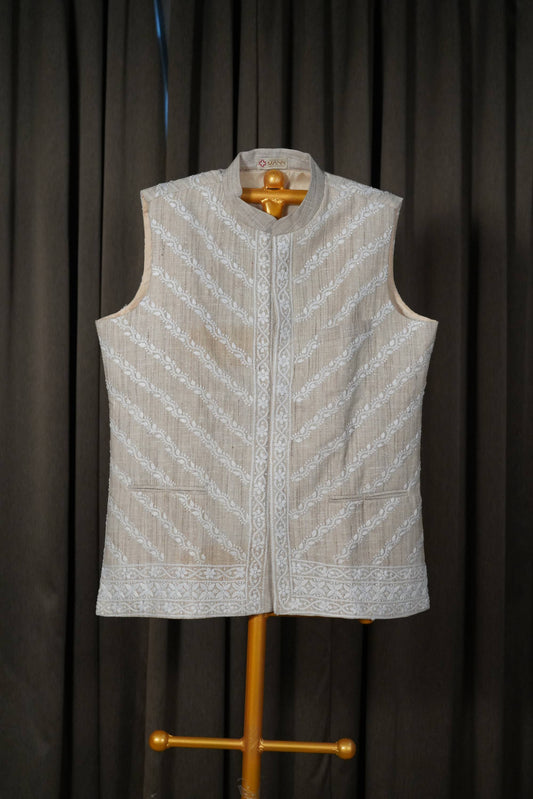 Grey Brown Khadi Tussar Chikankari Men Jacket