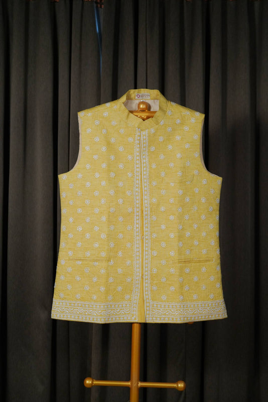 Lemon yellow khadi tussar Chikankari men jacket