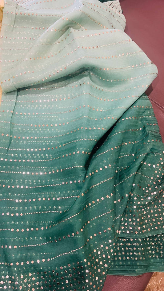 Green Ombre Organza Mukaish Saree