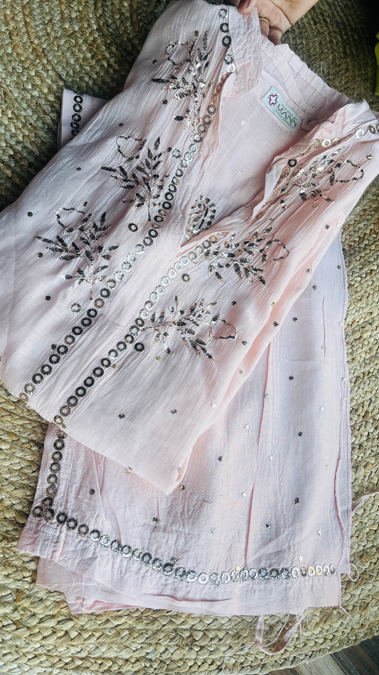 Baby Pink Mal Chanderi Chikankari Co-ord Set