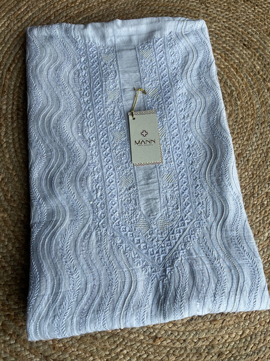 Slate Blue Chanderi Silk Chikankari Men's Kurta Fabric