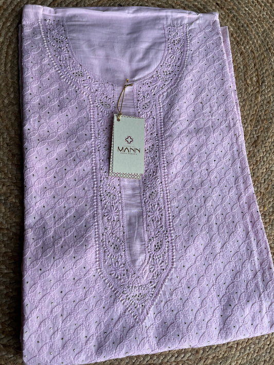 Pink Colour Fine Cotton Chikankari Men's Kurta Fabric