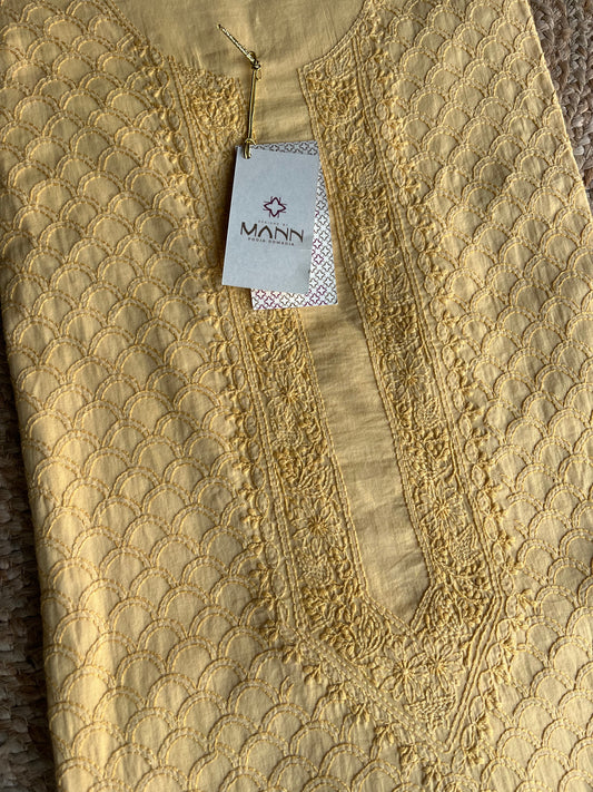 Yellow Fine Cotton Chikankari Men's Kurta Fabric