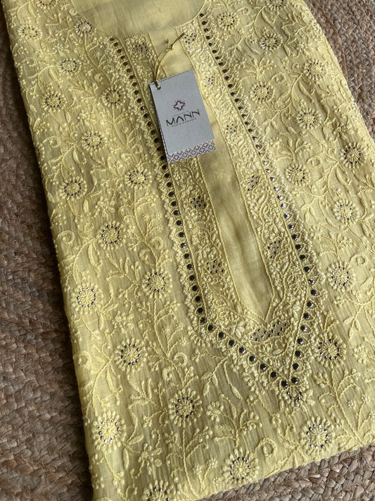 Lime Yellow Mal Chanderi Chikankari Men's Kurta Fabric
