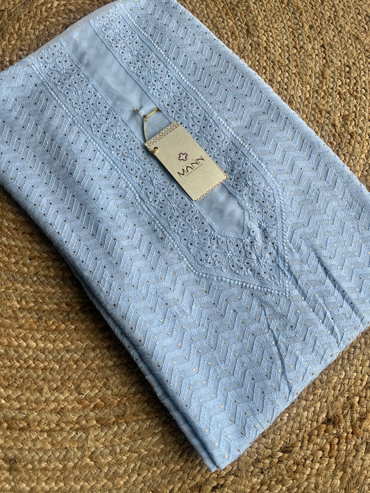 Powder Blue Georgette Chikankari Men's Kurta Fabric