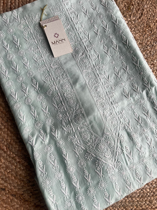 Pista Green Chanderi Silk Chikankari Men's Kurta Fabric