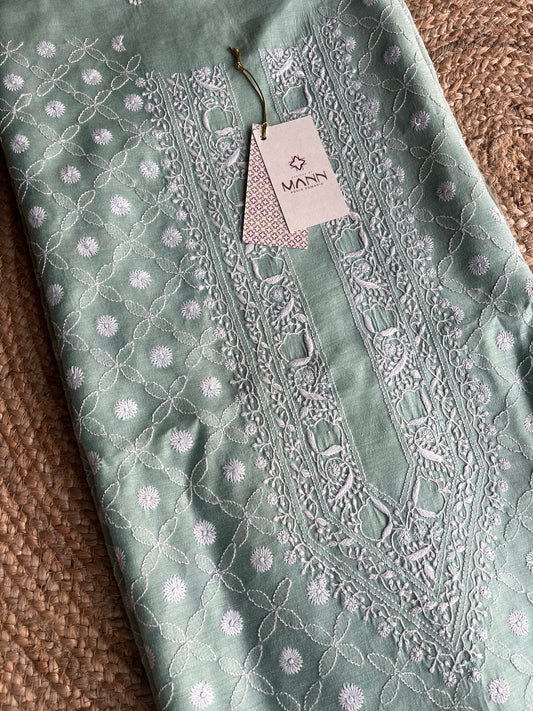 Pista Green Moonga Silk Chikankari Men's Kurta Fabric