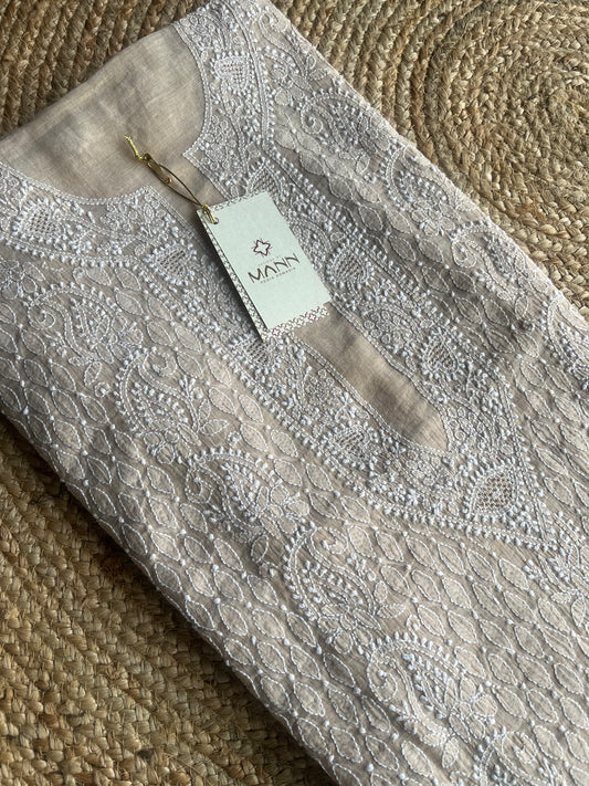 Beige Pure Tissue Silk Chikankari Men's Kurta Fabric