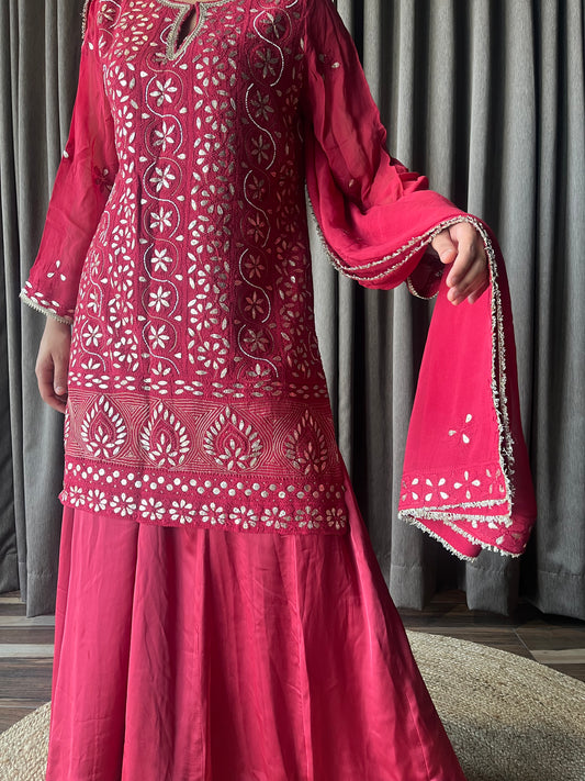 Burgundy Colour Chikankari & Gotapatti Sharara Set in Georgette