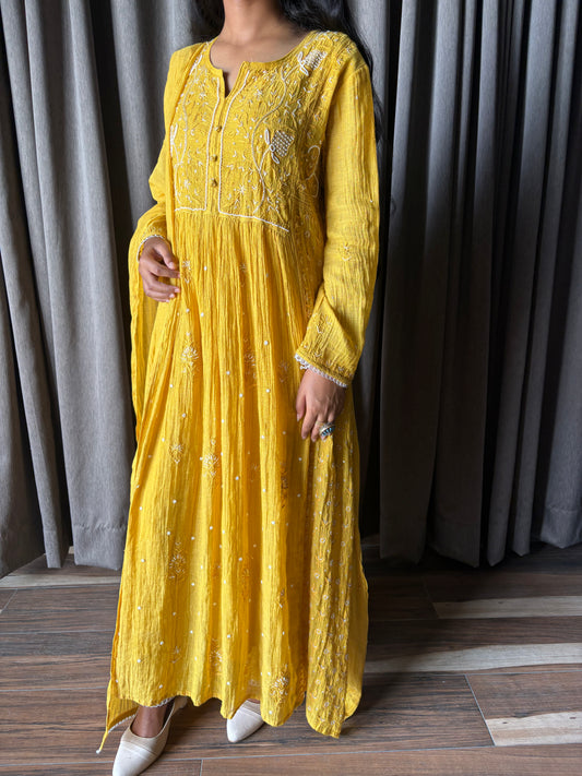 Golden Mustard Yellow Tissue Chikankari Suit Set