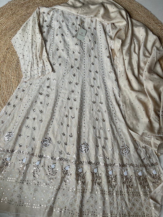 Beige Moonga Silk Anarkali