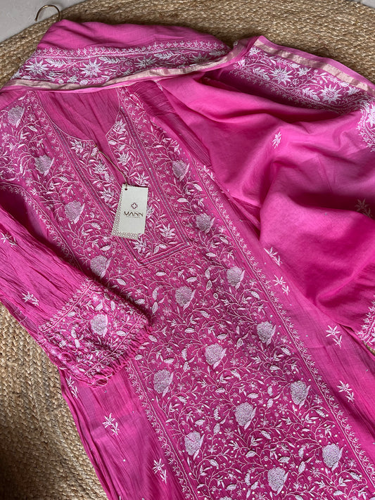 Raani Pink Ombre Mal Chanderi Chikankari Suit Set