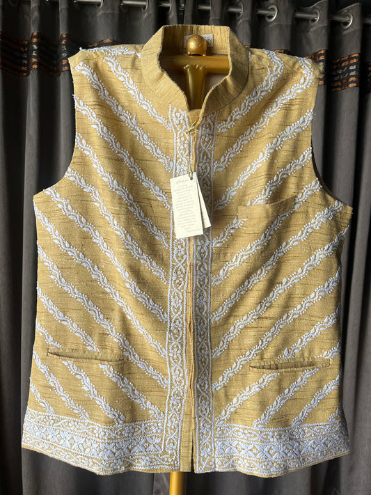 Mustard yellow Khadi Tussar Chikanakri Men's Jacket