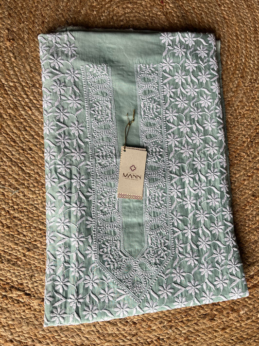 Teal Green Chanderi Silk Chikankari Men's Kurta Fabric