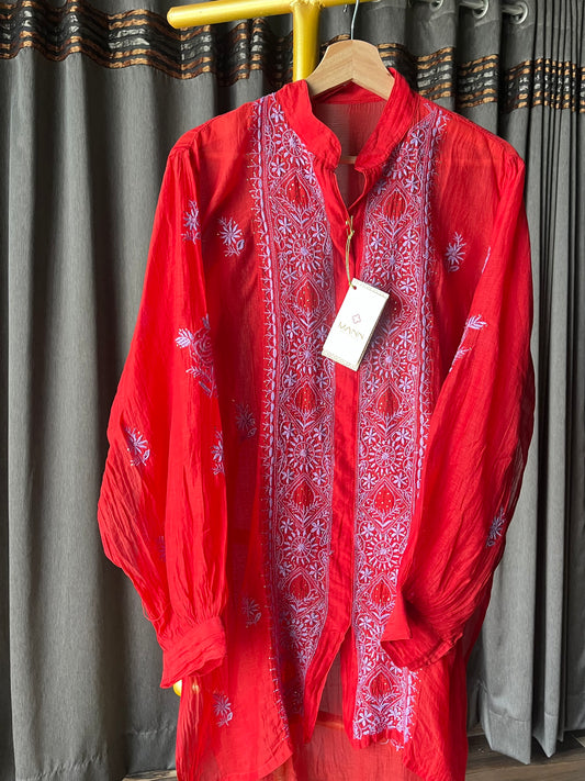 Red Mal Chanderi Chikankari Shirt Top