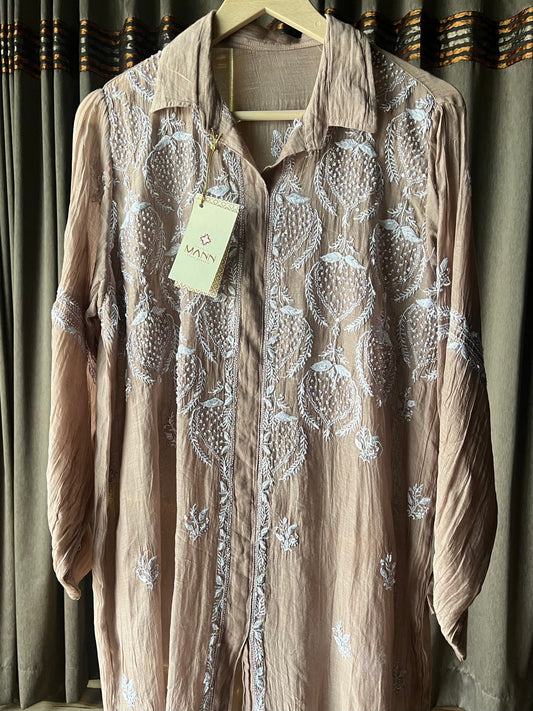 Brown Mal Chanderi Chikankari Shirt Top