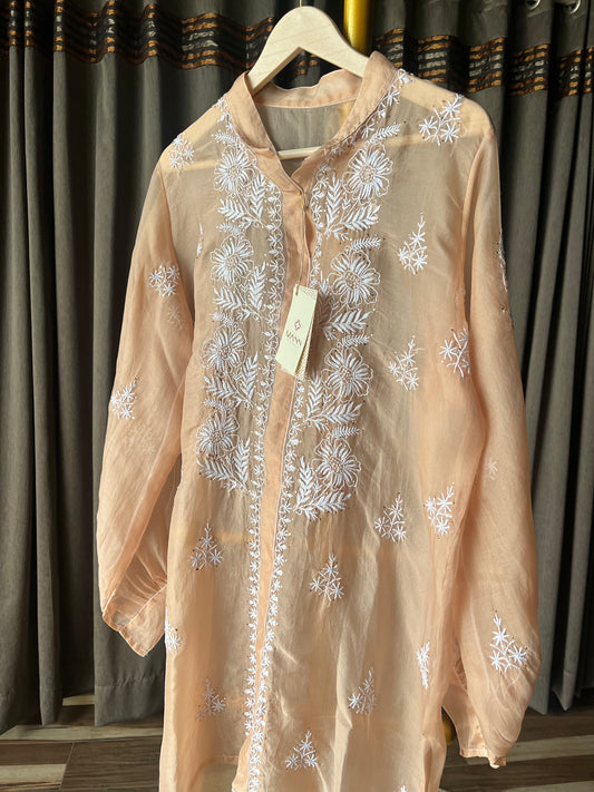 Dull Peach Organza Chikankari Shirt Top