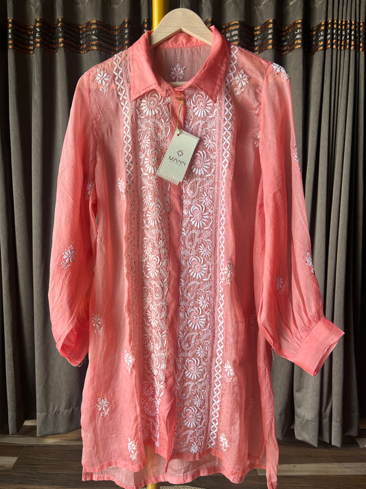 Coral Pink Pure Organza Chikankari Top