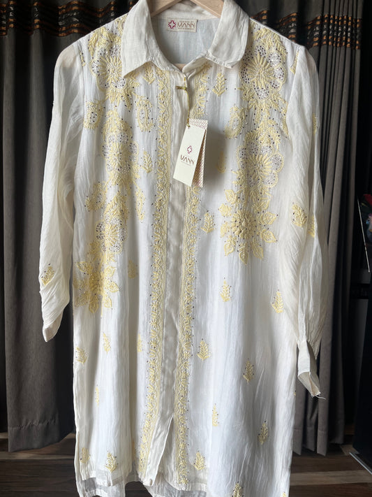 Ivory & Yellow Mal Chanderi Chikankari Top