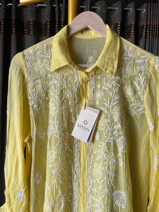 Lime Yellow Mal Chanderi Chikankari Top
