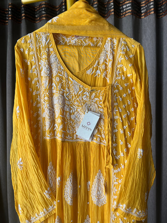 Bright Yellow Mal Chanderi Chikankari Angrakha Suit Set