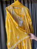 Bright Yellow Mal Chanderi Chikankari Angrakha Suit Set