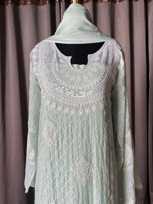 Light Pastel Green Mal Chanderi Chikankari Suit Set