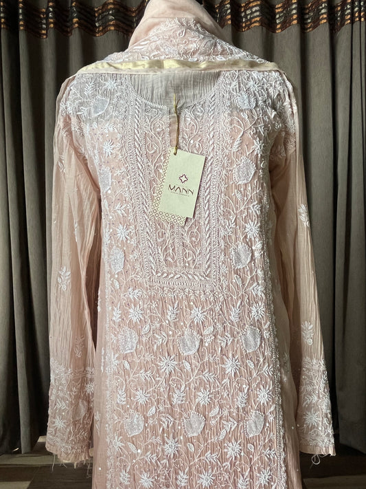 Light Brown-Peach ombré Mal Chanderi Chikankari Suit Set