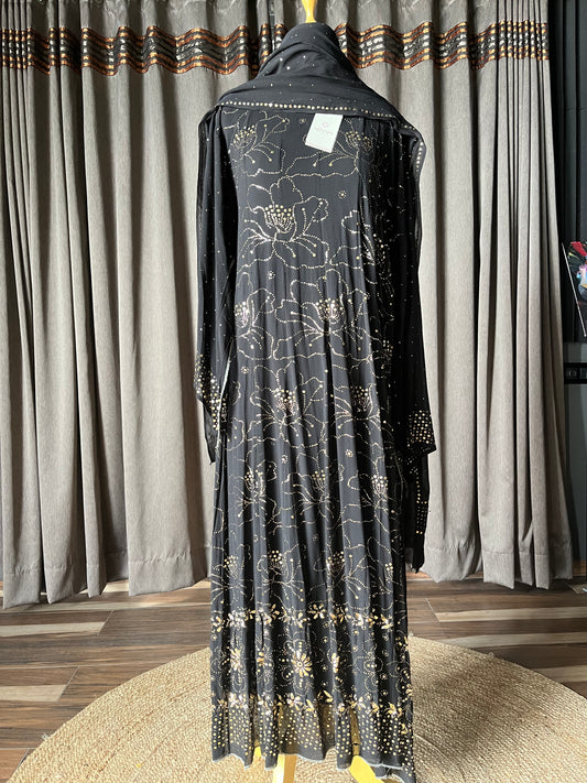 Black Pure Georgette Heavy Mukaish/Badla Anarkali Suit Set