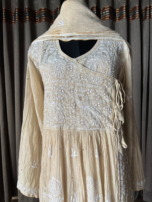 Beige Pure Tissue Chikankari Angrakha Suit Set