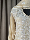 Beige Pure Tissue Chikankari Angrakha Suit Set