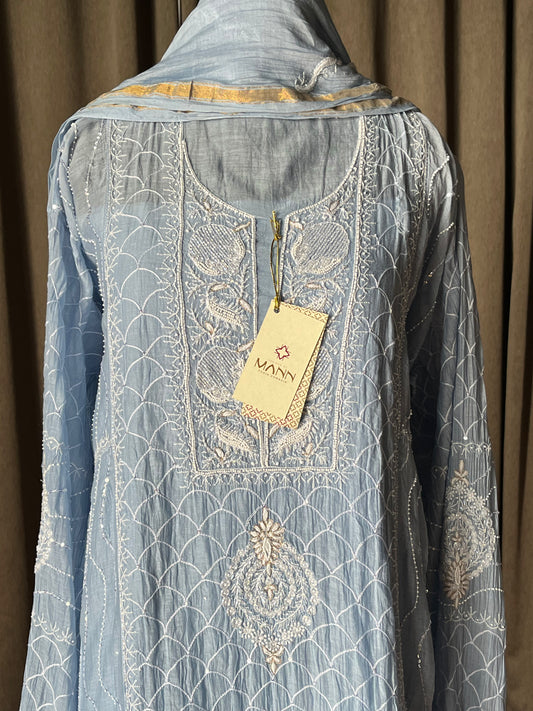 Light Blue Mal Chanderi Chikankari Kalidar Suit Set