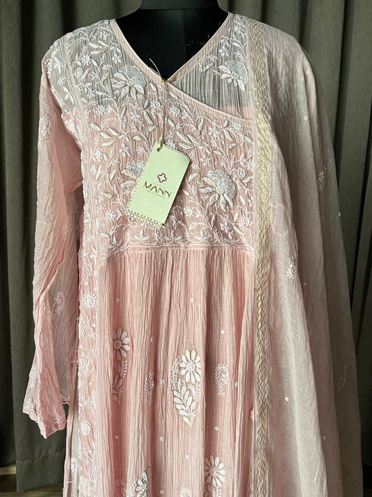 Light Pink Mal Chanderi Chikankari Angrakha Suit Set