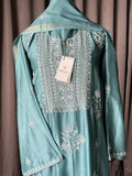 Turquoise blue chanderi silk chikankari suit set