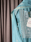 Turquoise blue chanderi silk chikankari suit set
