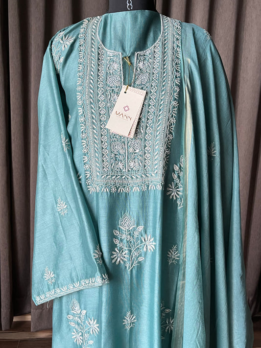Turquoise blue chanderi silk chikankari suit set
