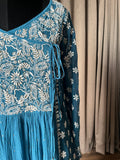 Electric Blue Mal Chanderi Chikankari Angrakha Suit Set