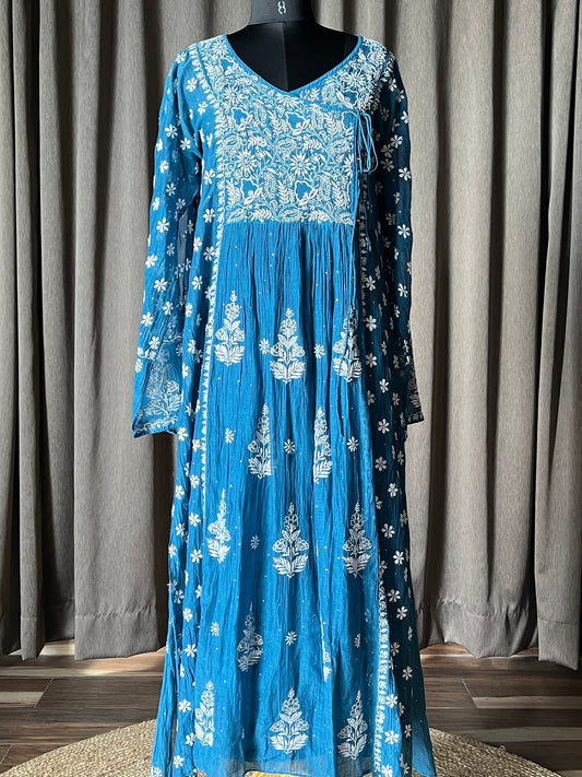 Electric Blue Mal Chanderi Chikankari Angrakha Suit Set