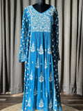 Electric Blue Mal Chanderi Chikankari Angrakha Suit Set