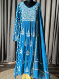 Electric Blue Mal Chanderi Chikankari Angrakha Suit Set