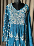 Electric Blue Mal Chanderi Chikankari Angrakha Suit Set