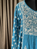 Electric Blue Mal Chanderi Chikankari Angrakha Suit Set