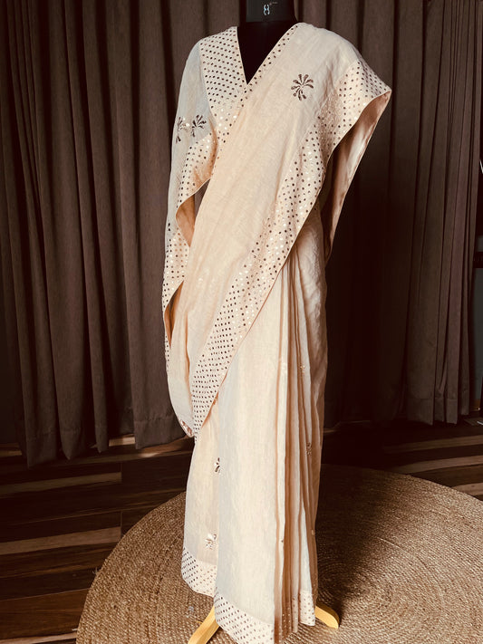 Beige golden pure tissue chanderi saree with Mukaish/badla & pitta work