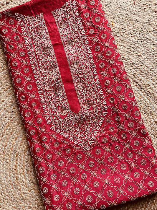 Red Moonga Silk Unisex Kurta Fabric