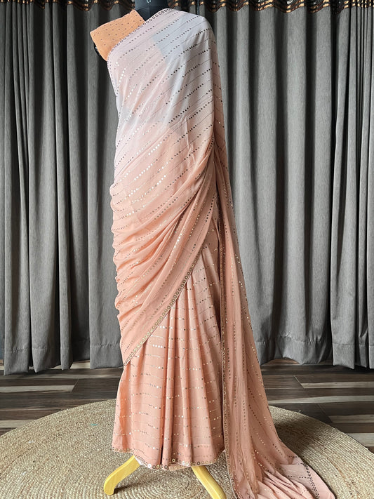 Light brown/peach ombré pure georgette saree with mukaish/ badla & pitta work