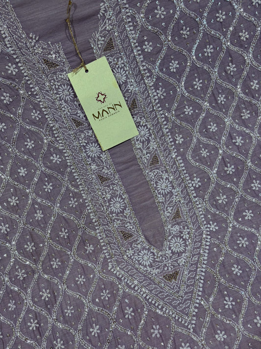 Grey Lavendar Chanderi Silk Chikankari Men's Kurta Fabric